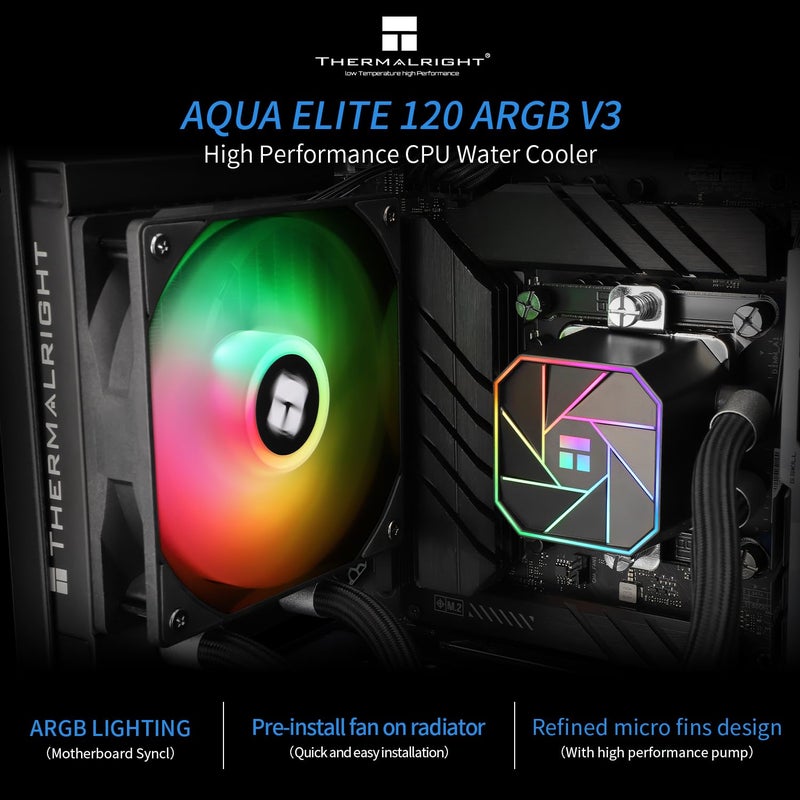 Thermalright مبرد المعالج المائي أكوا إليت 120 V3 AIO، تبريد سائل 120 مم، مراوح ARGB PWM، إنتل LGA1150-1200/AMD AM4-AM5 - Image 2